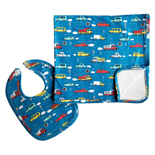 AnnLoren Baby Toddler Boy Cars Trucks Blanket & Bib Gift Set 2 pc Knit Cotton-0